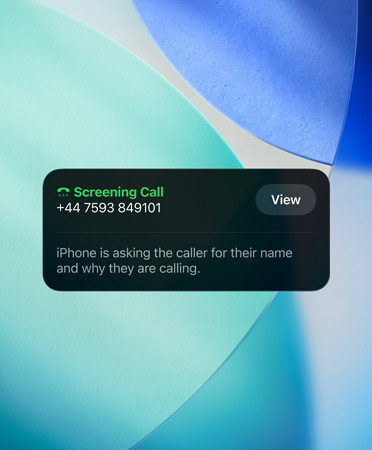iPhone app widget showcasing screening feature on an incoming call, new OS wallpaper set in the background
