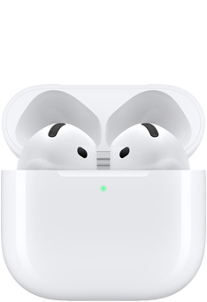 AirPods 4 inside the charging case with lid open.