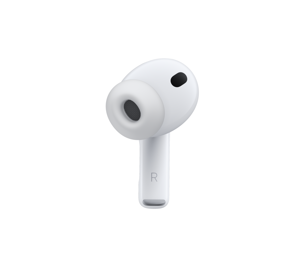 AirPods Pro 3、カラーはホワイト、ノイズキャンセリングマイク、シリコーン製イヤーチップ、短い軸部分にRの文字が記載されている