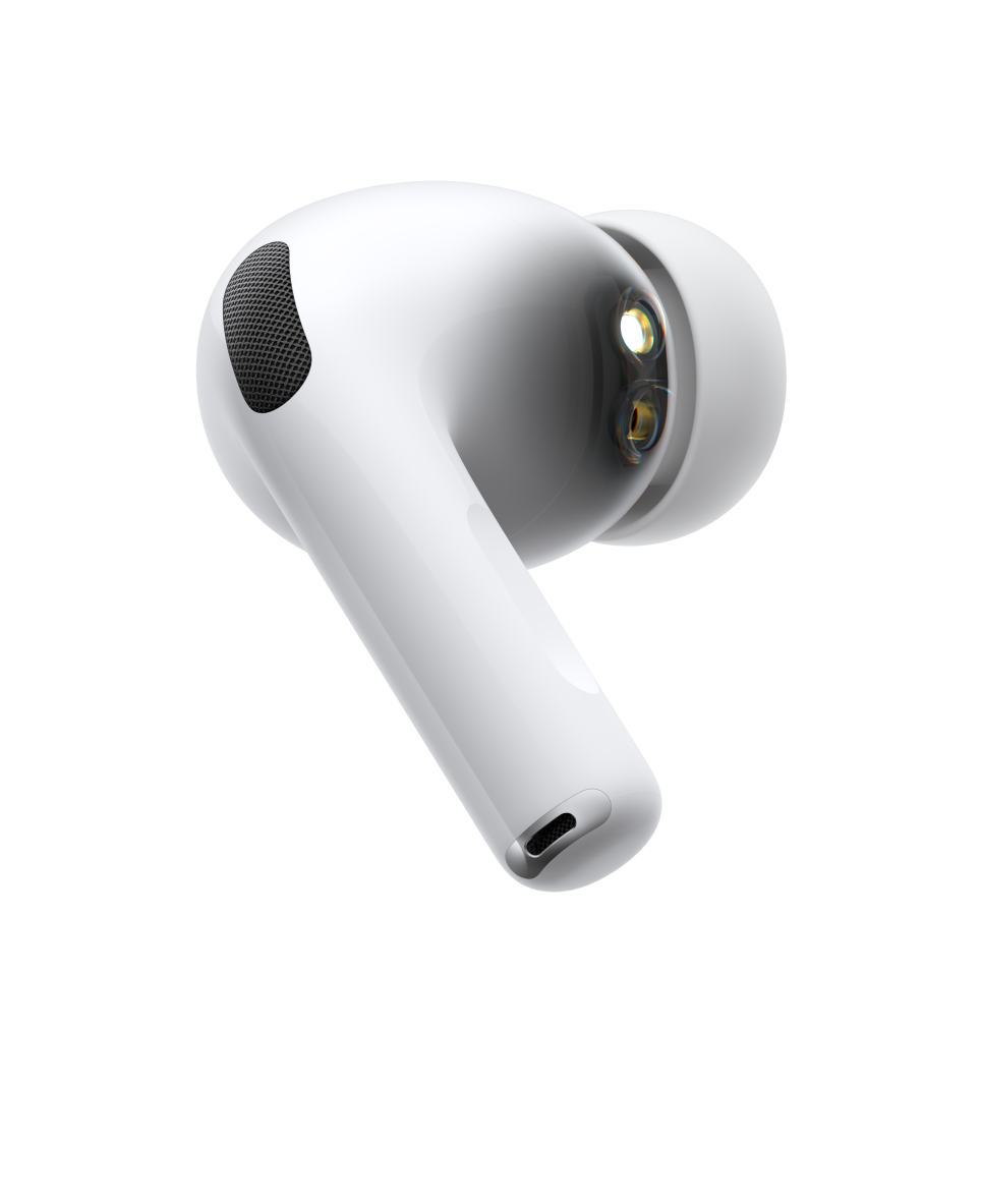 AirPods Pro 3ワイヤレスヘッドフォン、カラーはホワイト、側面の外観、短い円筒状の軸部分、ノイズキャンセリングマイク、シリコーン製イヤーチップ、脈動する波