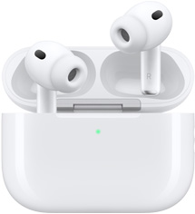 AirPods Pro 3, MagSafe-laddningsetui (usb-c) med rundad utsida, LED-strömindikator, öppet lock, vitt, trådlösa hörlurar med örontoppar i silikon, på insidan av det ena skaftet står bokstaven L och på det andra R