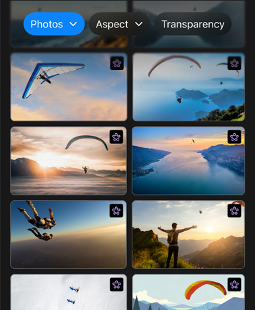 Screen with eight images of paragliders mid-air, buttons on top for Photos, Aspect, and Transparency