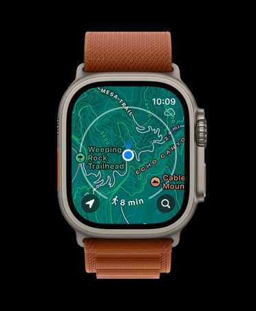Apple Watch Ultra 3, finition naturelle, boîtier en titane, plan hors ligne, itinéraires à venir, bracelet, Boucle Alpine terracotta
