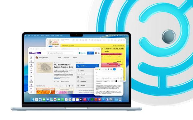 MacBook, Sky Blue, open laptop displaying educational content in Keynote, Mail, and Safari showing Kahoot!, including "BIO-200 Muscular System Practice Quiz"
