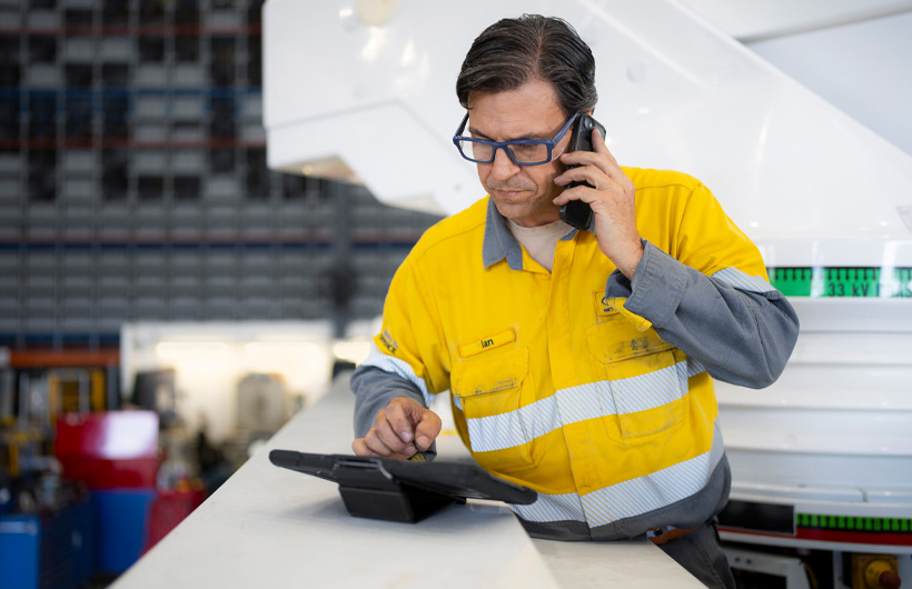An employee in a company warehouse holds an iPhone to their ear while working on an iPad