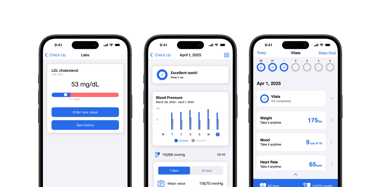 Corrie Healthアプリの機能が表示されているiPhone