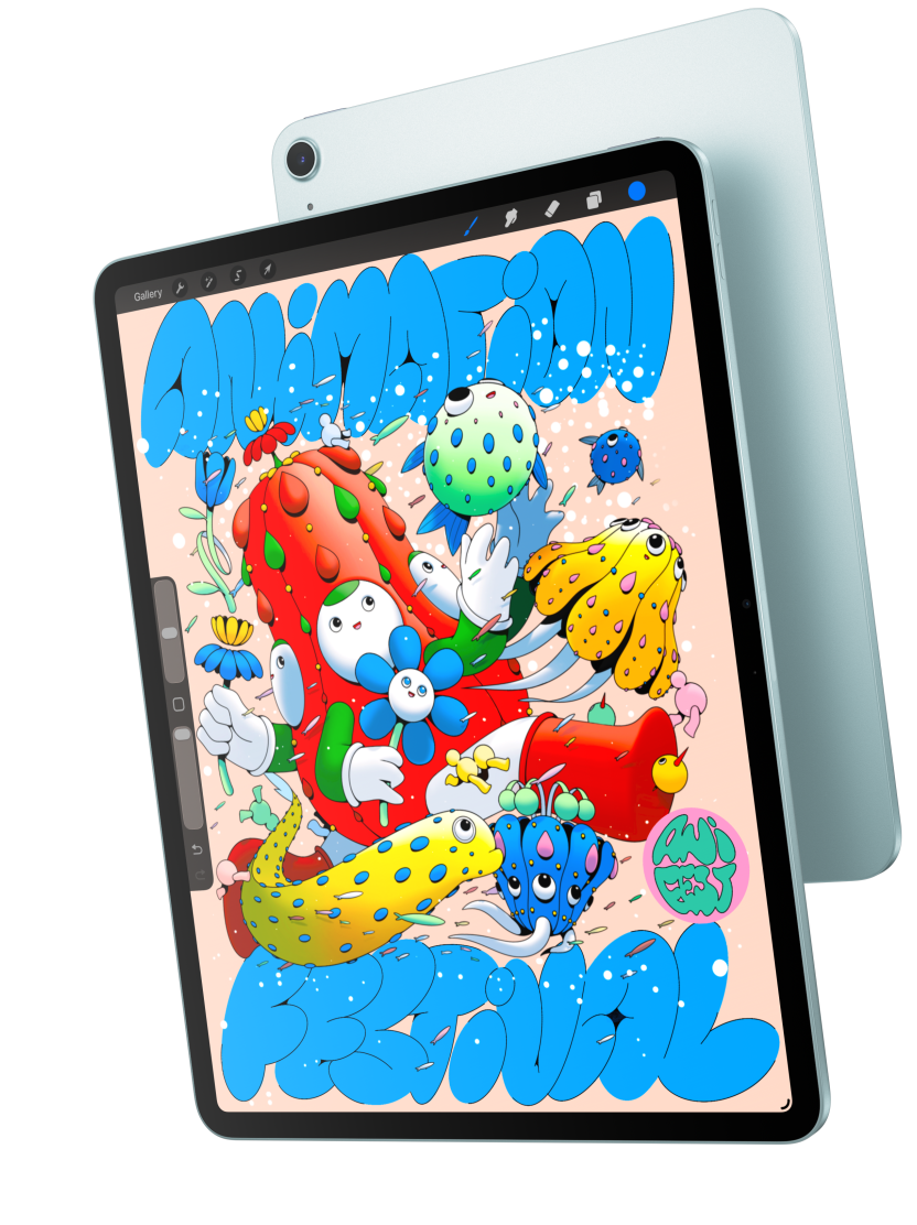 Front exterior, iPad Air showcasing the 13 inch model displaying Procreate, and overlapping the back exterior of a blue iPad Air