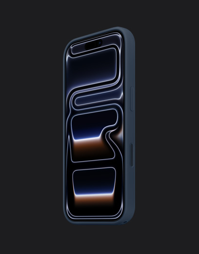 iPhone 17 Pro, parte delantera, acabado en azul oscuro, con funda de silicona, azul marino