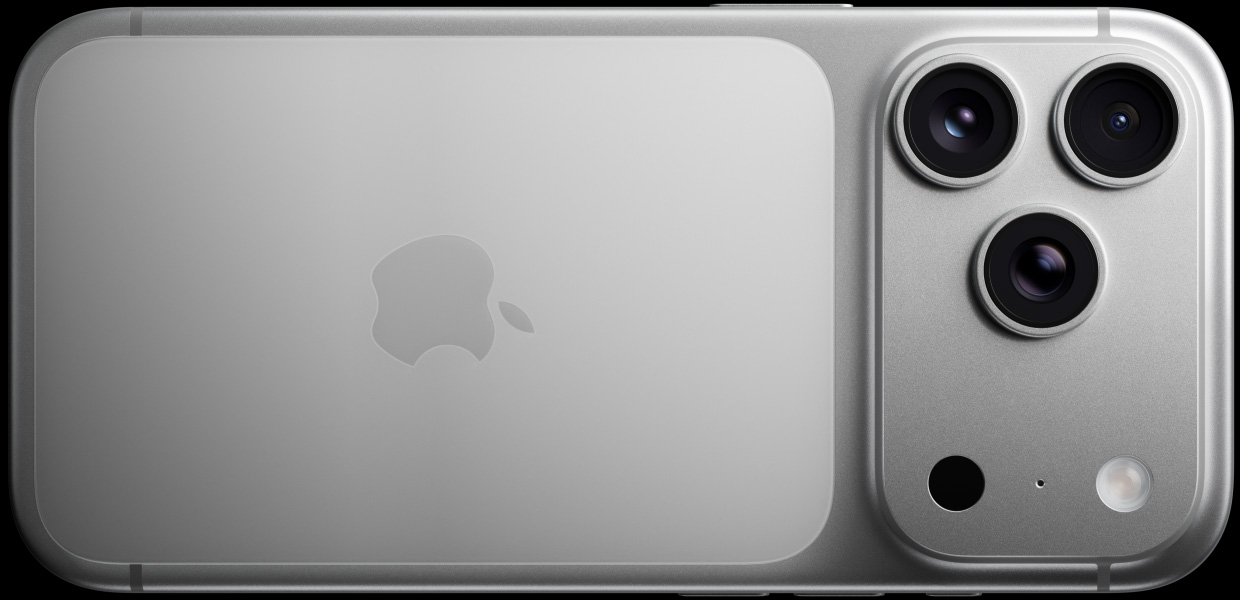 iPhone 17 Pro, plata, parte trasera, sistema de cámaras Pro Fusion, tres objetivos, micrófono, flash