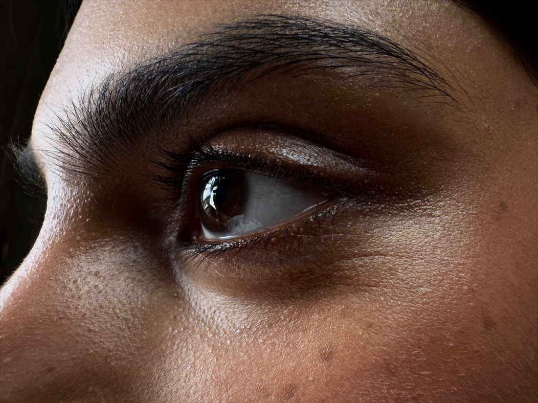 Una mujer está siendo fotografiada en una habitación vacía. Primer plano de un lado de la cara de una mujer centrado en sus ojos, la distancia focal de la imagen avanza en la app Fotos para demostrar las capacidades del sistema de cámaras Pro, se muestra la opción Macro