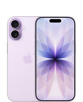 iPhone 17, taustapuoli, laventelin väri, Dual Fusion ‑kamerajärjestelmä ylävasemmalla, Apple-logo keskellä, etupuoli, laventelin väri, Dynamic Island keskellä yläreunassa