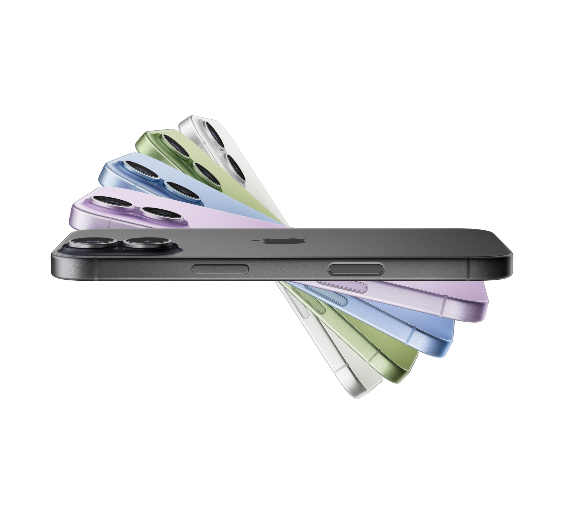 iPhone 17 ‑laitteet viuhkamuodostelmassa, värit: musta, laventeli, kuura, salvia, valkoinen