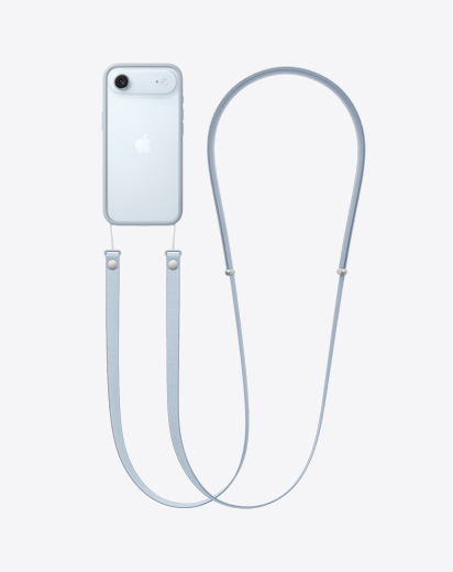 Vista traseira do iPhone Air, com a Capa Bumper em cinzento‑claro e a fita Crossbody