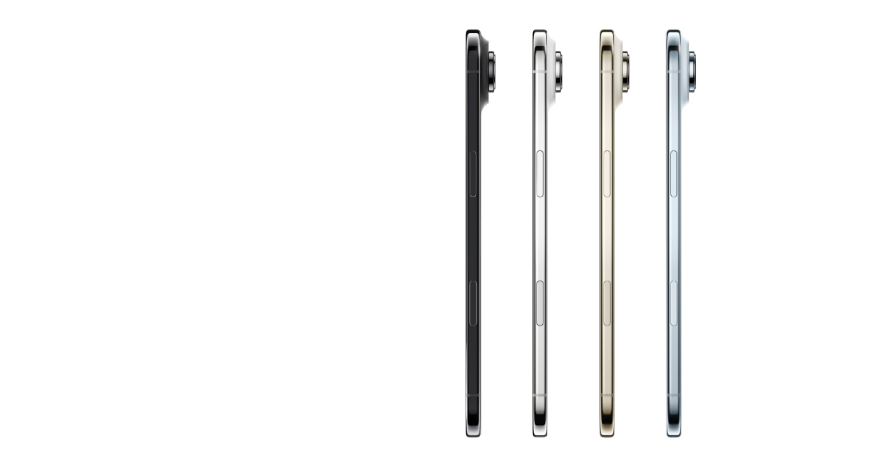 Vista lateral do iPhone Air, nas cores azul‑céu, dourado‑claro, branco‑nuvem e preto sideral, com perfil ultrafino, sistema de câmara Fusion e os seguintes botões: lateral e Controlo da câmara