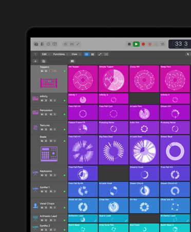 MacBook Pro 16 screen showing controls and effects, left panel with Toppers, Infinity, Percussion, Textures, Beats, Keyboards, Synths 1, Vocal Chops, Anthemic Lead, Synths 2, Synths 3, each row is categorized by color and shown on the right