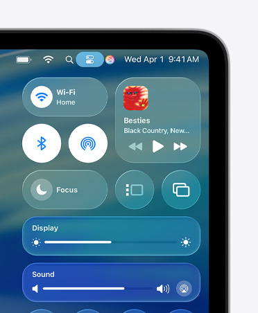 Right side of Mac screen showing Liquid Glass custom controls, like Wi-Fi and Bluetooth, in Control Center