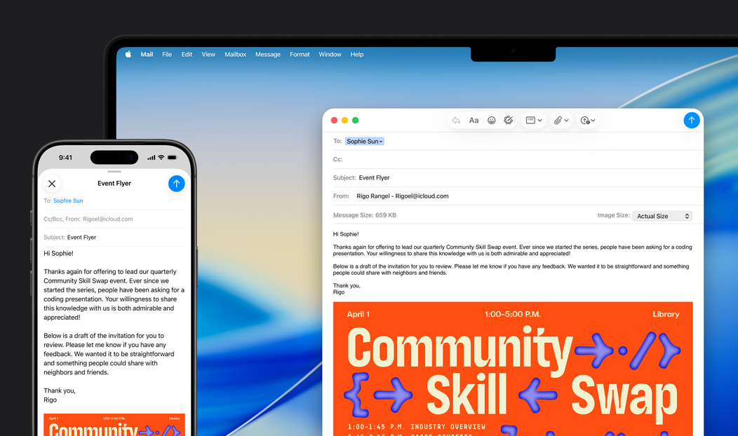 iPhone 16 Plus og MacBook Pro med Mail-appen åben og det samme udkast til en mail på begge skærme