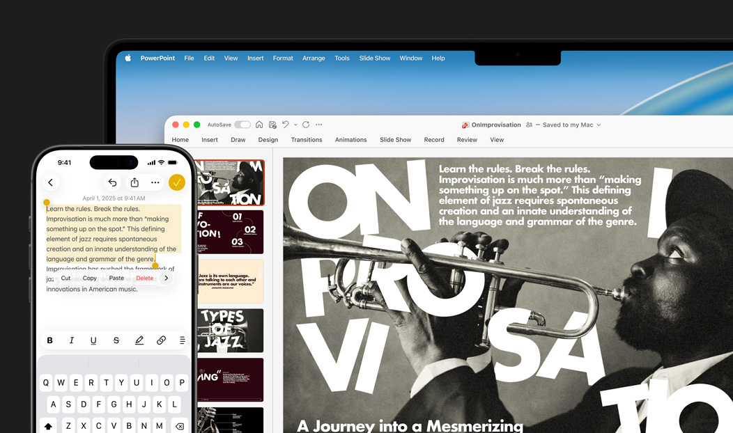 iPhone 16 Plus med tekst markeret i Noter-appen og MacBook Pro med en Microsoft PowerPoint-slide, hvorpå teksten fra Noter-appen er synlig