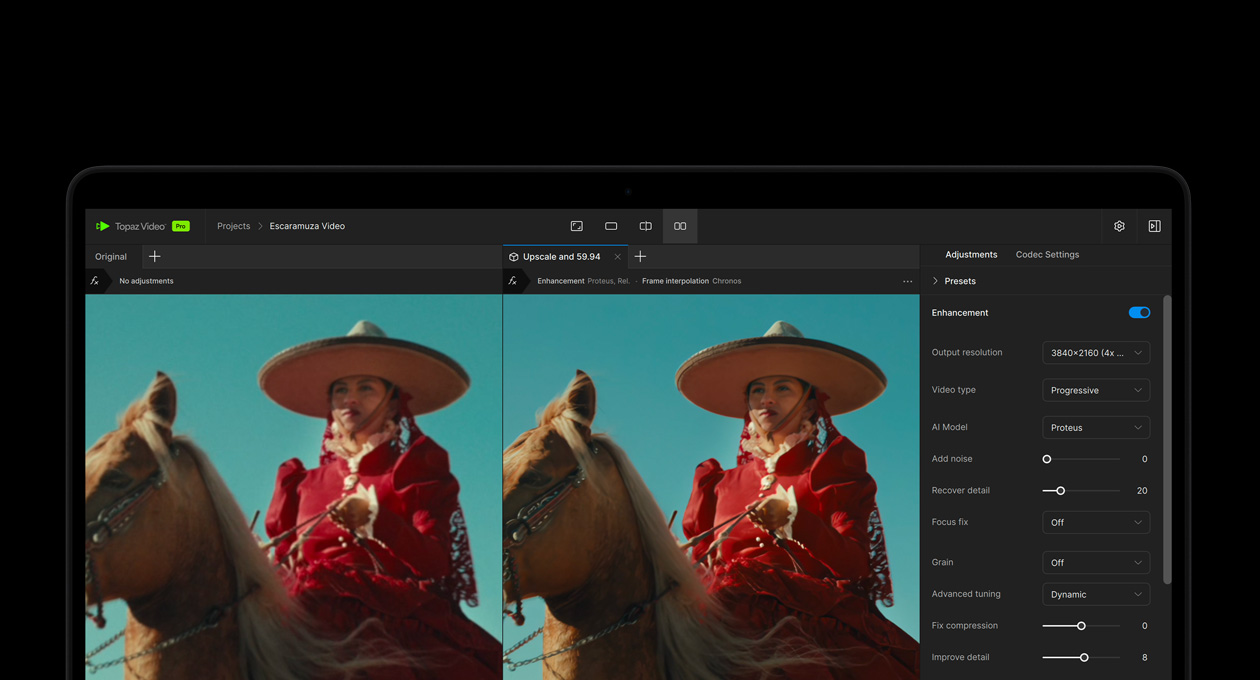 En MacBook Pro-skærm med en video, der forbedres ved hjælp af AI i Topaz Video