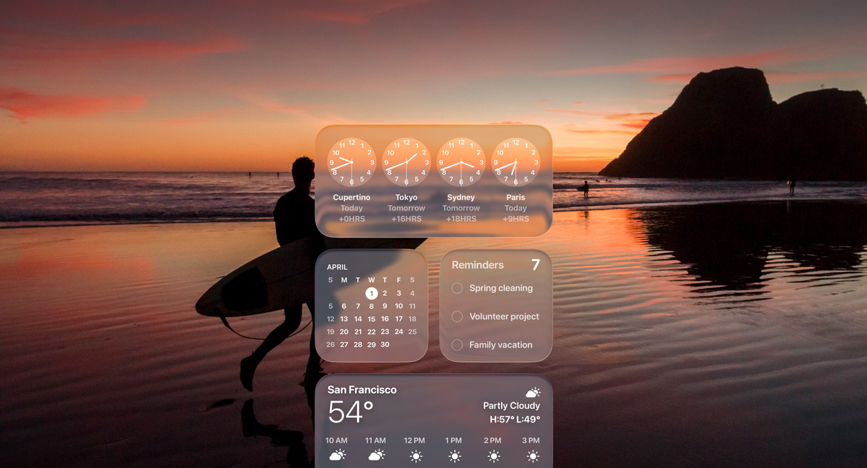 Liquid Glass-versioner af Ur-, Kalender-, Påmindelser- og Vejr-widgets på macOS Tahoe-skærm oven på en scene med en surfer, der går på stranden ved solnedgang