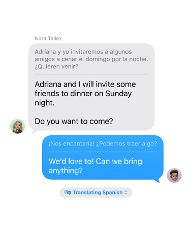 Tradução ao Vivo no Mensagens com a mensagem de texto em inglês: “Adriana and I will invite some friends to dinner on Sunday night. Do you want to come” automaticamente traduzido para espanhol