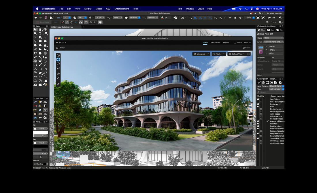 MacBook Pro-skærm, der viser Vectorworks Design Suite med Maxon Redshift