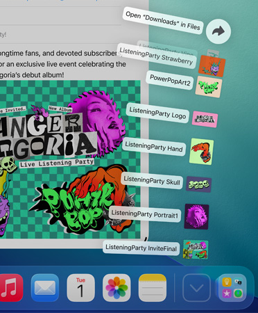 Gros plan sur le bas du Dock avec une série de fichiers qui sortent verticalement du Dock