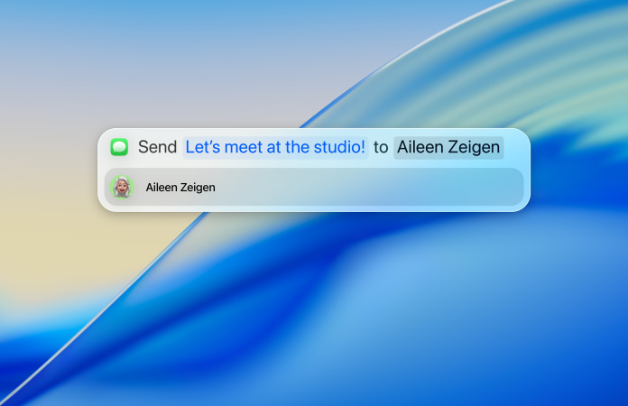 Ein:e Nutzer:in gibt eine Textnachricht in Spotlight ein, um sie über die Nachrichten App zu senden