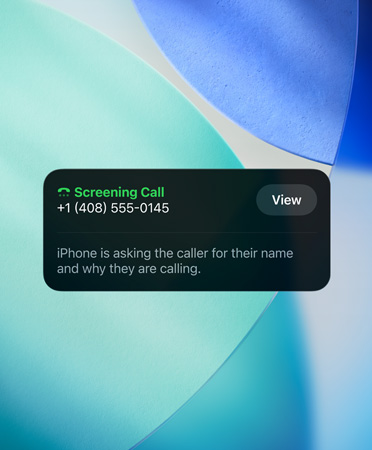 iPhone app widget showcasing Call Screening feature on an incoming call, new emerald blue, white, and turquoise wallpaper set in the background