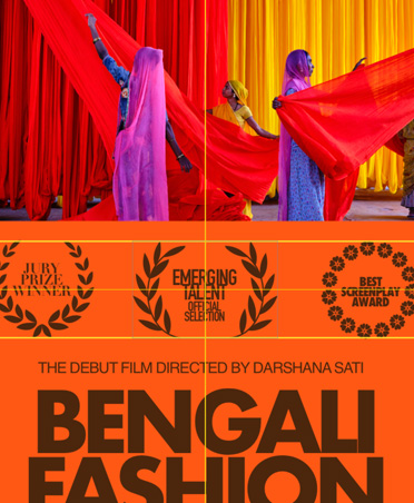 Orange and black movie poster for Bengali Fashion Documentary with horizontal and vertical smart guides down center of the image