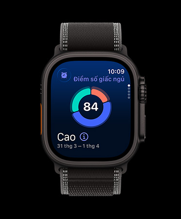 Apple Watch Ultra 3, black color, titanium case, screen shows sleep score circle graph, band, Trail Loop, black/charcoal color