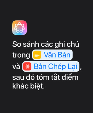 Apple Intelligence icon and text prompt: 'Compare notes in Text and Transcription then summarize the differences'