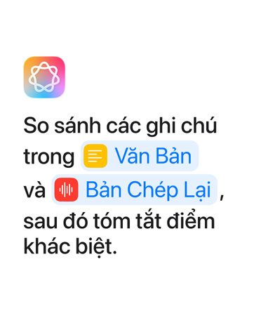 So sánh các ghi chú trong Văn Bản và Bản Chép Lại sau đó tóm tắt, với các cụm từ 'Văn Bản' và 'Bản Chép Lại' được tô sáng bằng màu xanh dương như khi xuất hiện trong ứng dụng Phím Tắt